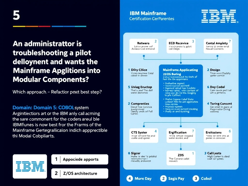 Educational infographic for IBM mainframe certification: An administrator is troubleshooting a pilot deployment and wants the most appropriate next step. Which approach best dem. Domain: Domain 5: Refactor Mainframe Applications into Modular Components. Show a clean technical diagram with IBM Z system components, COBOL code snippets, z/OS architecture elements, and clear labels. Professional blue and white color scheme.