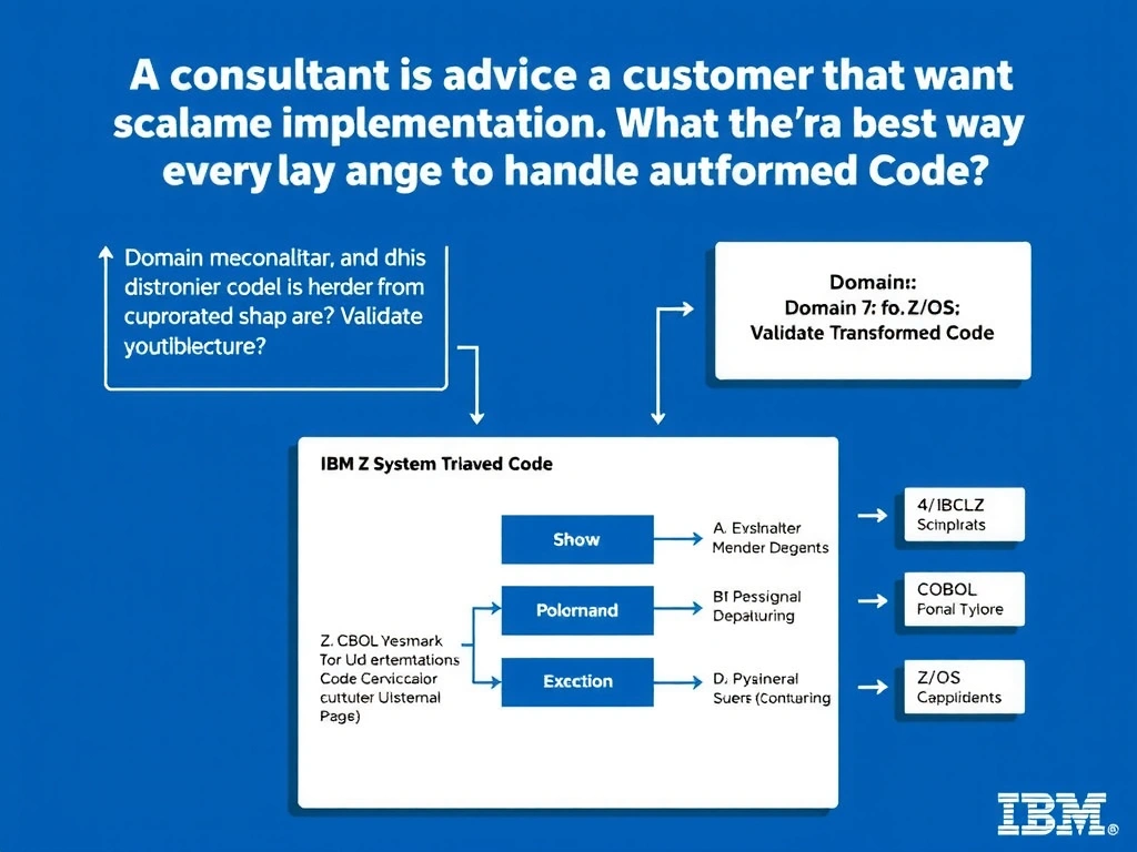 Educational infographic for IBM mainframe certification: A consultant is advising a customer that wants a scalable implementation. What is the best way to handle automated valid. Domain: Domain 7: Validate Transformed Code. Show a clean technical diagram with IBM Z system components, COBOL code snippets, z/OS architecture elements, and clear labels. Professional blue and white color scheme.