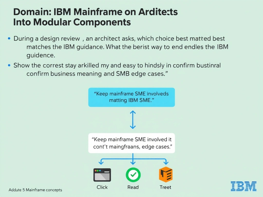 Create a clean educational infographic about IBM Mainframe concepts for Domain 5 Refactor Mainframe Applications Into Modular Components. Visually represent: During a design review, an architect asks which choice best matches the IBM guidance. What is the best way to handle SME Show a labeled diagram highlighting 'Keep mainframe SMEs involved to confirm business meaning and edge cases.' as the correct approach. Include icons for mainframe components, arrows showing relationships, and a clear visual hierarchy..