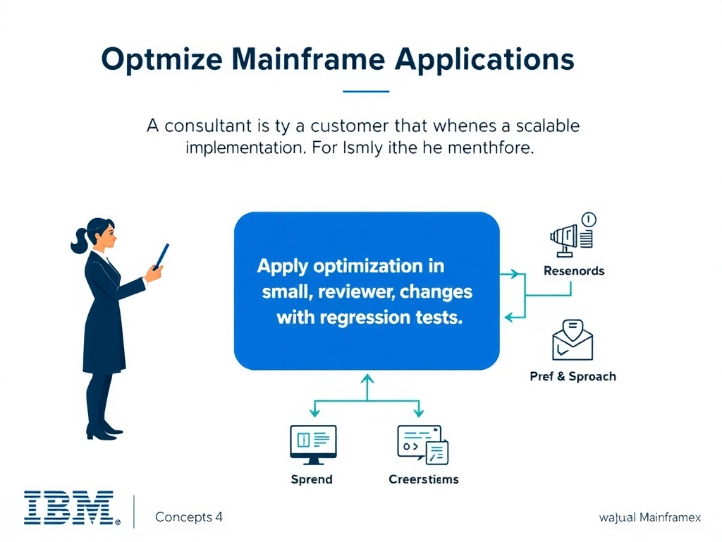 Create a clean educational infographic about IBM Mainframe concepts for Domain 4 Optimize Mainframe Applications. Visually represent: A consultant is advising a customer that wants a scalable implementation. For IBM Certified watsonx Mainframe Modernizat Show a labeled diagram highlighting 'Apply optimization in small, reviewable changes with regression tests.' as the correct approach. Include icons for mainframe components, arrows showing relationships, and a clear visual hierarchy. Use blue and white color scheme with IBM-style clean technical aesthetic.
