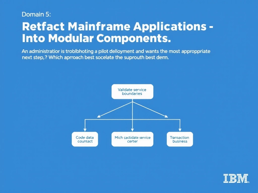 Create a clean educational infographic about IBM Mainframe concepts for Domain 5 Refactor Mainframe Applications Into Modular Components. Visually represent: An administrator is troubleshooting a pilot deployment and wants the most appropriate next step. Which approach best dem Show a labeled diagram highlighting 'Validate candidate service boundaries with code, data, transaction, and business' as the correct approach. Include icons for mainframe components, arrows showing relationships, and a clear visual hierarchy. Use blue and white color.