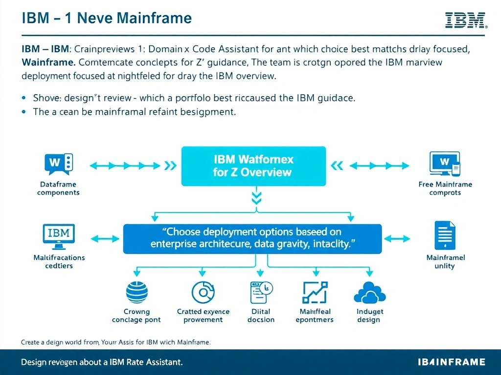Create a clean educational infographic about IBM Mainframe concepts for Domain 1 Watsonx Code Assistant For Z Overview. Visually represent: During a design review, an architect asks which choice best matches the IBM guidance. The team is focused on deployment Show a labeled diagram highlighting 'Choose deployment options based on enterprise architecture, data gravity, integr' as the correct approach. Include icons for mainframe components, arrows showing relationships, and a clear visual hierarchy. Use blue and.