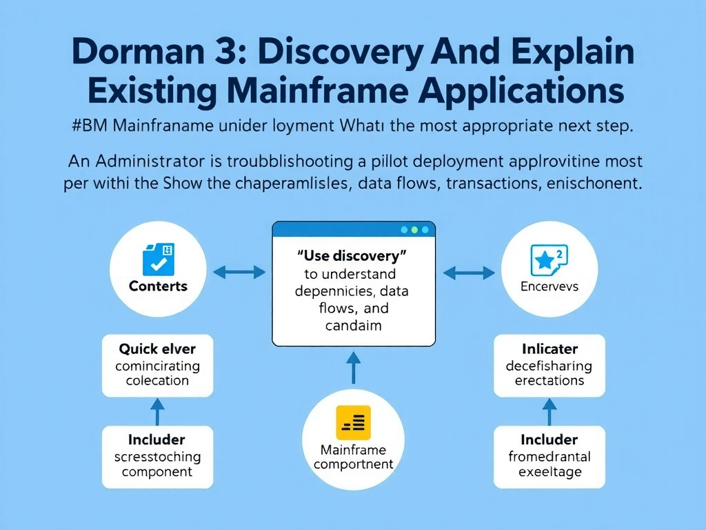 Create a clean educational infographic about IBM Mainframe concepts for Domain 3 Discover And Explain Existing Mainframe Applications. Visually represent: An administrator is troubleshooting a pilot deployment and wants the most appropriate next step. What is the best way to Show a labeled diagram highlighting 'Use discovery to understand dependencies, data flows, transactions, and candidat' as the correct approach. Include icons for mainframe components, arrows showing relationships, and a clear visual hierarchy. Use blue and.
