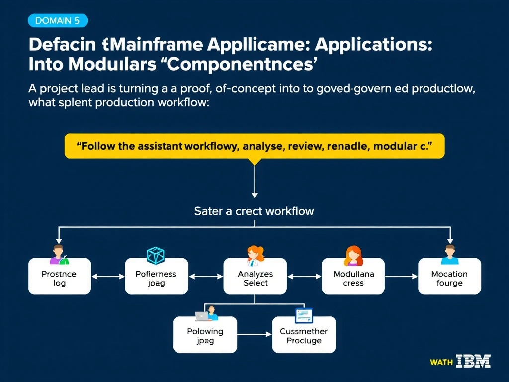 Create a clean educational infographic about IBM Mainframe concepts for Domain 5 Refactor Mainframe Applications Into Modular Components. Visually represent: A project lead is turning a proof of concept into a governed production workflow. What is the best way to handle refacto Show a labeled diagram highlighting 'Follow the assistant workflow to analyze, select, review, and generate modular c' as the correct approach. Include icons for mainframe components, arrows showing relationships, and a clear visual.