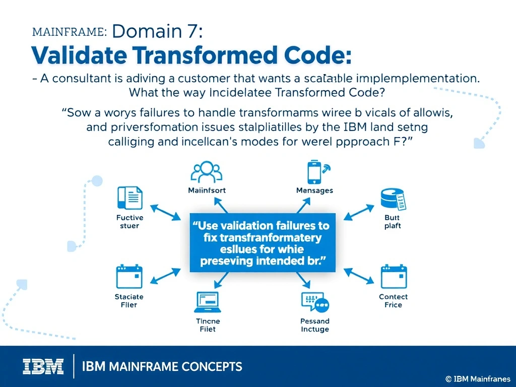 Create a clean educational infographic about IBM Mainframe concepts for Domain 7 Validate Transformed Code. Visually represent: A consultant is advising a customer that wants a scalable implementation. What is the best way to handle validation erro Show a labeled diagram highlighting 'Use validation failures to fix transformation issues while preserving intended b' as the correct approach. Include icons for mainframe components, arrows showing relationships, and a clear visual hierarchy. Use blue and white color.
