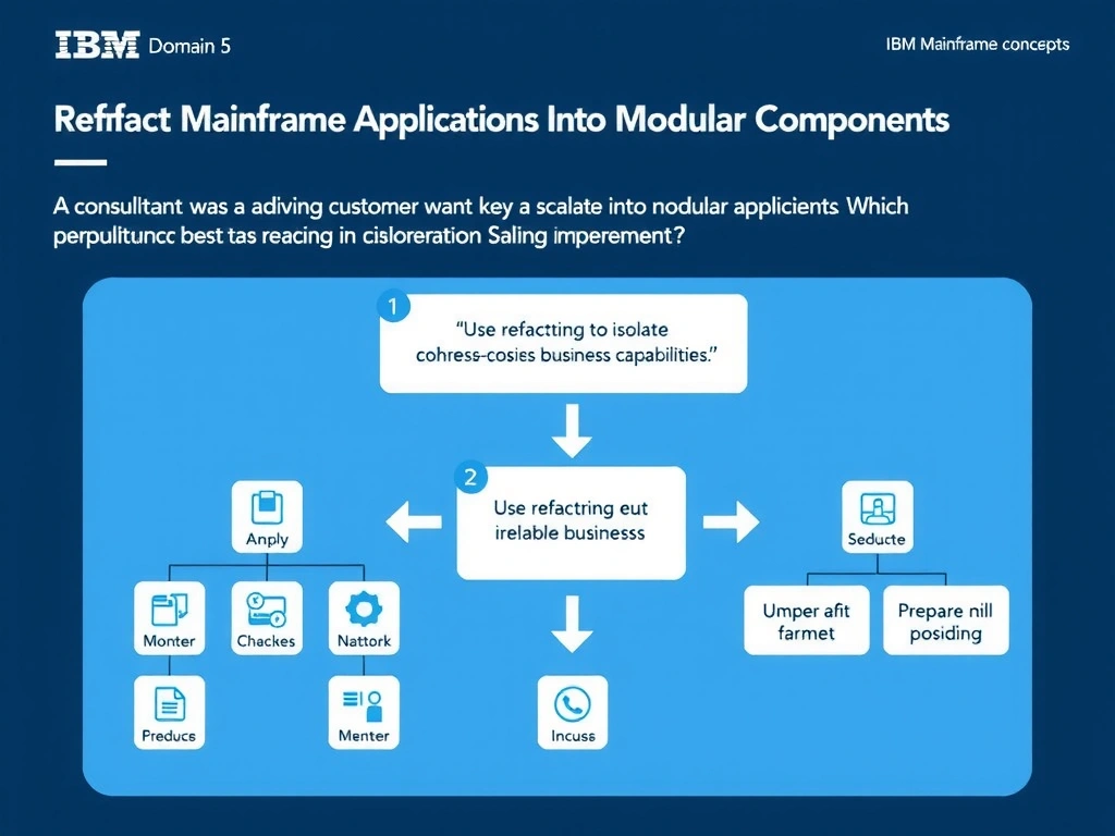 Create a clean educational infographic about IBM Mainframe concepts for Domain 5 Refactor Mainframe Applications Into Modular Components. Visually represent: A consultant is advising a customer that wants a scalable implementation. Which approach best demonstrates refactoring u Show a labeled diagram highlighting 'Use refactoring to isolate cohesive business capabilities and prepare them for m' as the correct approach. Include icons for mainframe components, arrows showing relationships, and a clear visual hierarchy. Use blue and white.
