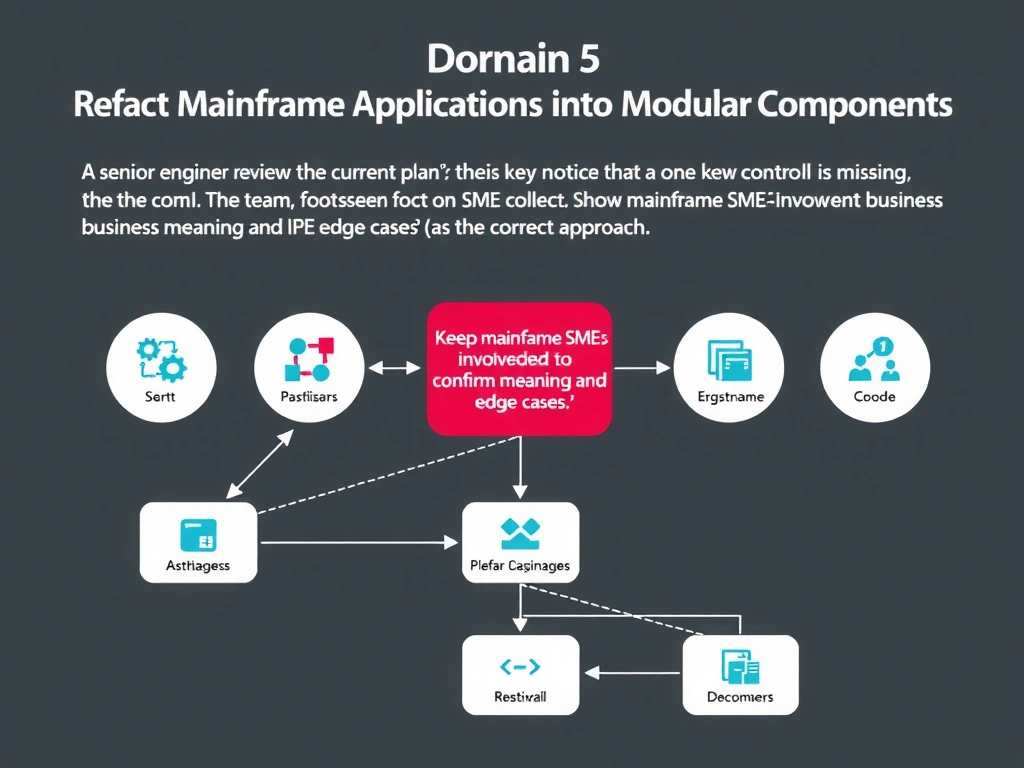 Create a clean educational infographic about IBM Mainframe concepts for Domain 5 Refactor Mainframe Applications Into Modular Components. Visually represent: A senior engineer reviews the current plan and notices that one key control is missing. The team is focused on SME colla Show a labeled diagram highlighting 'Keep mainframe SMEs involved to confirm business meaning and edge cases.' as the correct approach. Include icons for mainframe components, arrows showing relationships, and a clear visual hierarchy..