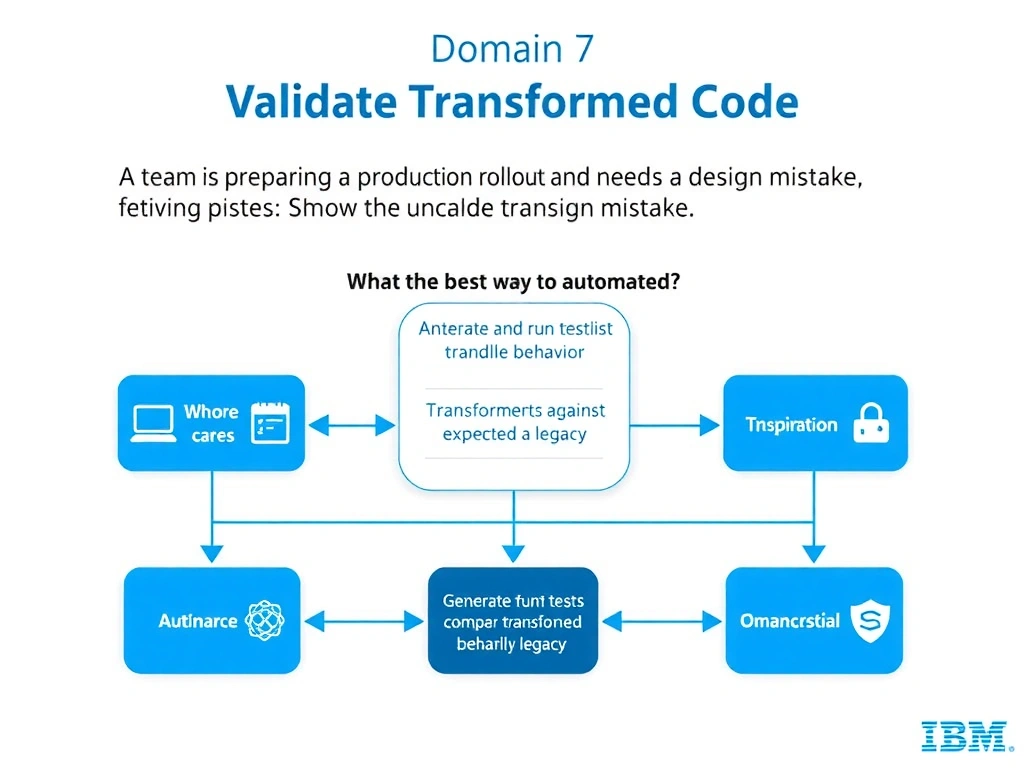 Create a clean educational infographic about IBM Mainframe concepts for Domain 7 Validate Transformed Code. Visually represent: A team is preparing a production rollout and needs to avoid a design mistake. What is the best way to handle automated v Show a labeled diagram highlighting 'Generate and run tests that compare transformed behavior against expected legacy' as the correct approach. Include icons for mainframe components, arrows showing relationships, and a clear visual hierarchy. Use blue.