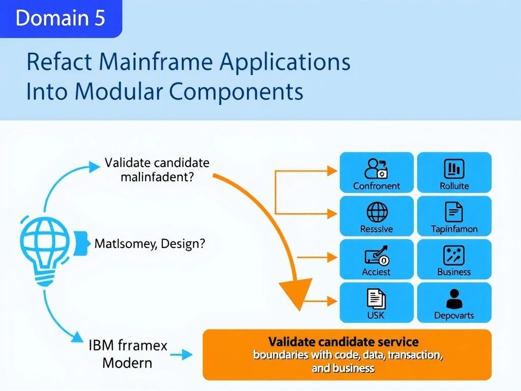 Create a clean educational infographic about IBM Mainframe concepts for Domain 5 Refactor Mainframe Applications Into Modular Components. Visually represent: A team is preparing a production rollout and needs to avoid a design mistake. For IBM Certified watsonx Mainframe Modern Show a labeled diagram highlighting 'Validate candidate service boundaries with code, data, transaction, and business' as the correct approach. Include icons for mainframe components, arrows showing relationships, and a clear visual hierarchy. Use blue and.