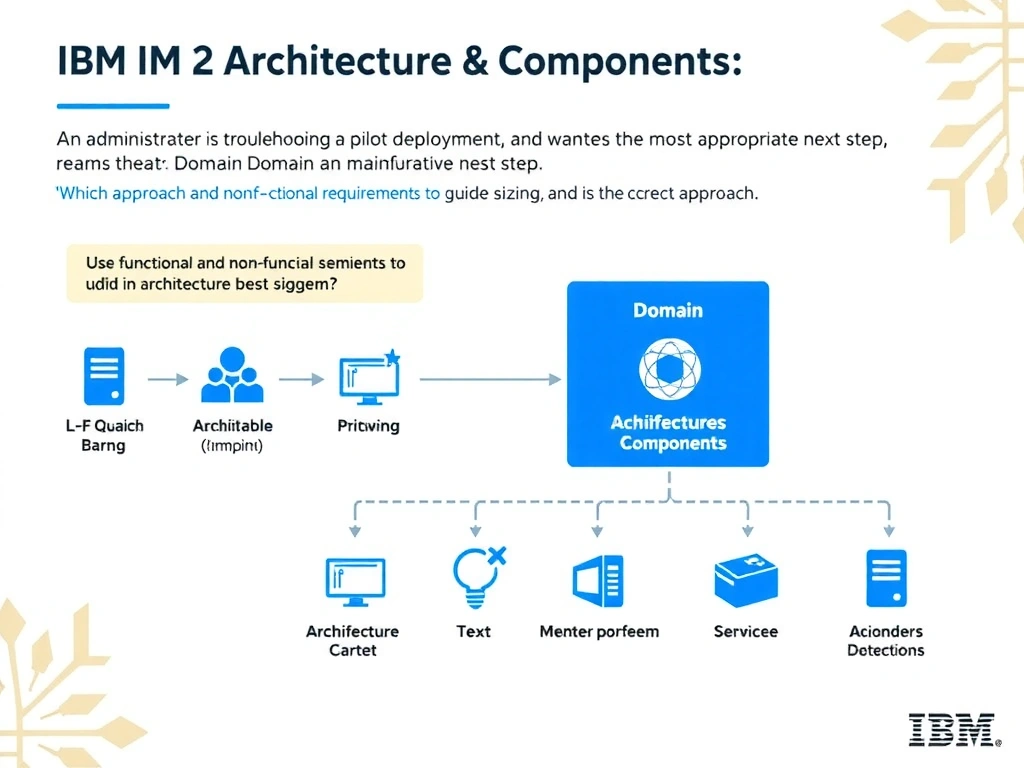 Create a clean educational infographic about IBM Mainframe concepts for Domain 2 Architecture & Components. Visually represent: An administrator is troubleshooting a pilot deployment and wants the most appropriate next step. Which approach best dem Show a labeled diagram highlighting 'Use functional and non-functional requirements to guide architecture, sizing, an' as the correct approach. Include icons for mainframe components, arrows showing relationships, and a clear visual hierarchy. Use blue and white color scheme with IBM-style clean technical aesthetic.
