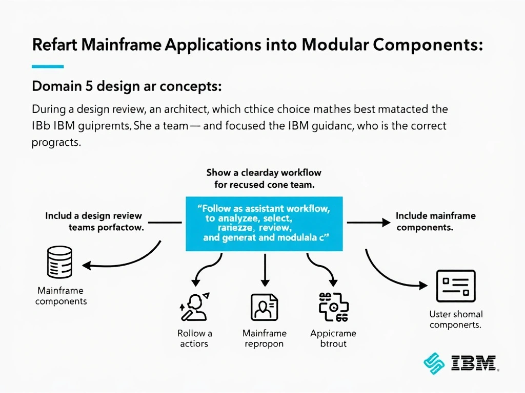 Create a clean educational infographic about IBM Mainframe concepts for Domain 5 Refactor Mainframe Applications Into Modular Components. Visually represent: During a design review, an architect asks which choice best matches the IBM guidance. The team is focused on refactoring Show a labeled diagram highlighting 'Follow the assistant workflow to analyze, select, review, and generate modular c' as the correct approach. Include icons for mainframe components, arrows showing relationships, and a clear visual hierarchy. Use.