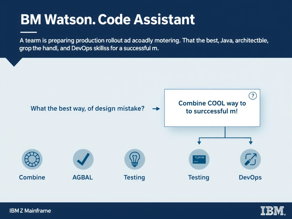 Create a clean educational infographic about IBM Mainframe concepts for Domain 1 Watsonx Code Assistant For Z Overview. Visually represent: A team is preparing a production rollout and needs to avoid a design mistake. What is the best way to handle skills for Show a labeled diagram highlighting 'Combine COBOL, Java, architecture, testing, and DevOps skills for a successful m' as the correct approach. Include icons for mainframe components, arrows showing relationships, and a clear.