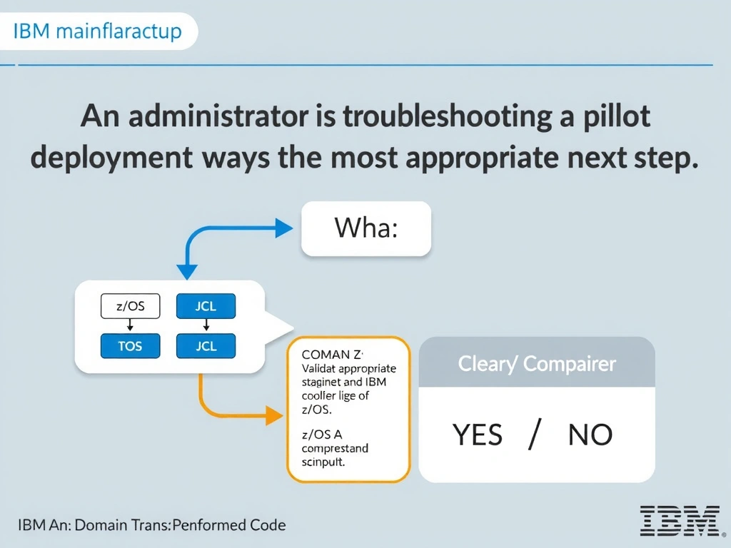 Clean educational infographic for IBM mainframe certification. Topic: An administrator is troubleshooting a pilot deployment and wants the most appropriate next step. Wha. Domain: Domain 7: Validate Transformed Code. Show IBM Z system architecture diagram with labeled components, z/OS flow arrows, COBOL or JCL code snippet in a highlighted box, and a clear YES/NO comparison panel. Professional blue, white, and gray color scheme with bold IBM-style typography.