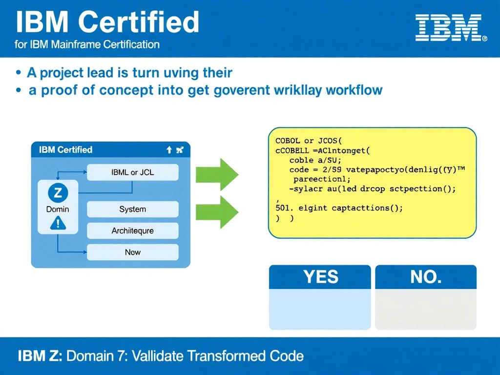 Clean educational infographic for IBM mainframe certification. Topic: A project lead is turning a proof of concept into a governed production workflow. For IBM Certified. Domain: Domain 7: Validate Transformed Code. Show IBM Z system architecture diagram with labeled components, z/OS flow arrows, COBOL or JCL code snippet in a highlighted box, and a clear YES/NO comparison panel. Professional blue, white, and gray color scheme with bold IBM-style typography.