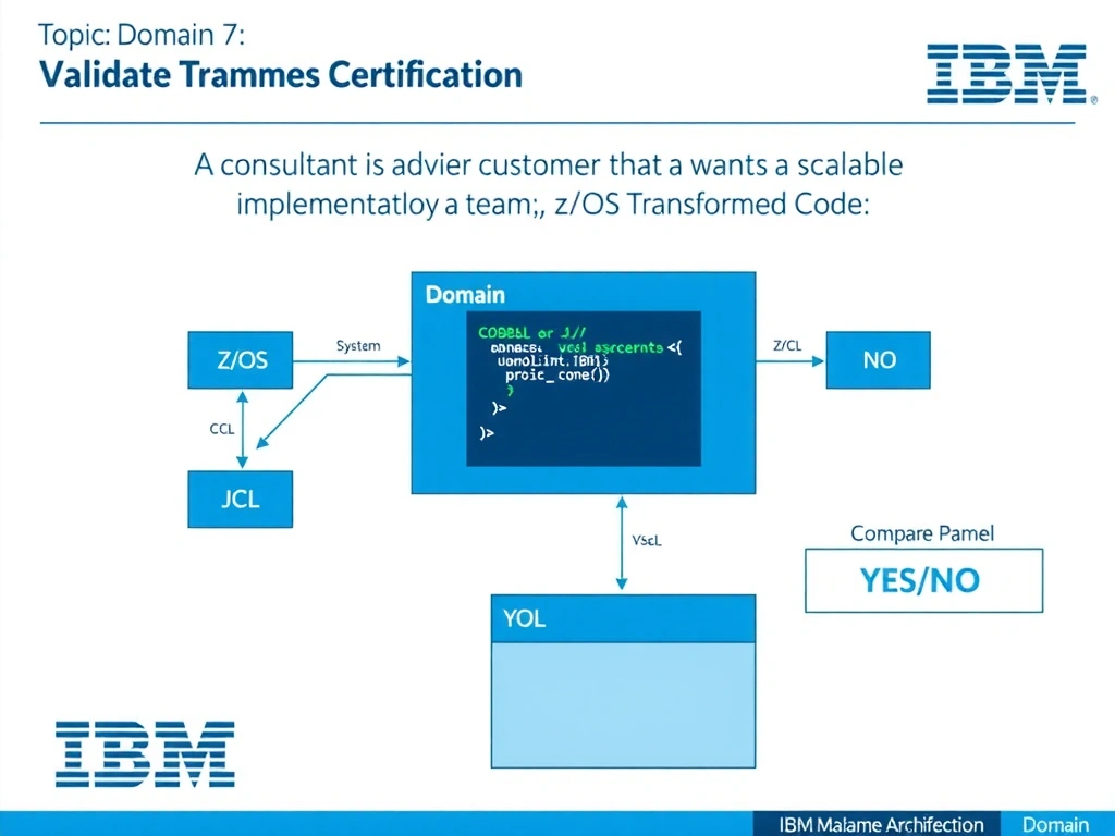Clean educational infographic for IBM mainframe certification. Topic: A consultant is advising a customer that wants a scalable implementation. The team is focused on val. Domain: Domain 7: Validate Transformed Code. Show IBM Z system architecture diagram with labeled components, z/OS flow arrows, COBOL or JCL code snippet in a highlighted box, and a clear YES/NO comparison panel. Professional blue, white, and gray color scheme with bold IBM-style typography.