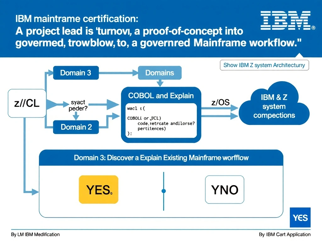 Clean educational infographic for IBM mainframe certification. Topic: A project lead is turning a proof of concept into a governed production workflow. What is the best w. Domain: Domain 3: Discover and Explain Existing Mainframe Applicatio. Show IBM Z system architecture diagram with labeled components, z/OS flow arrows, COBOL or JCL code snippet in a highlighted box, and a clear YES/NO comparison panel. Professional blue, white, and gray color scheme with bold IBM-style typography.
