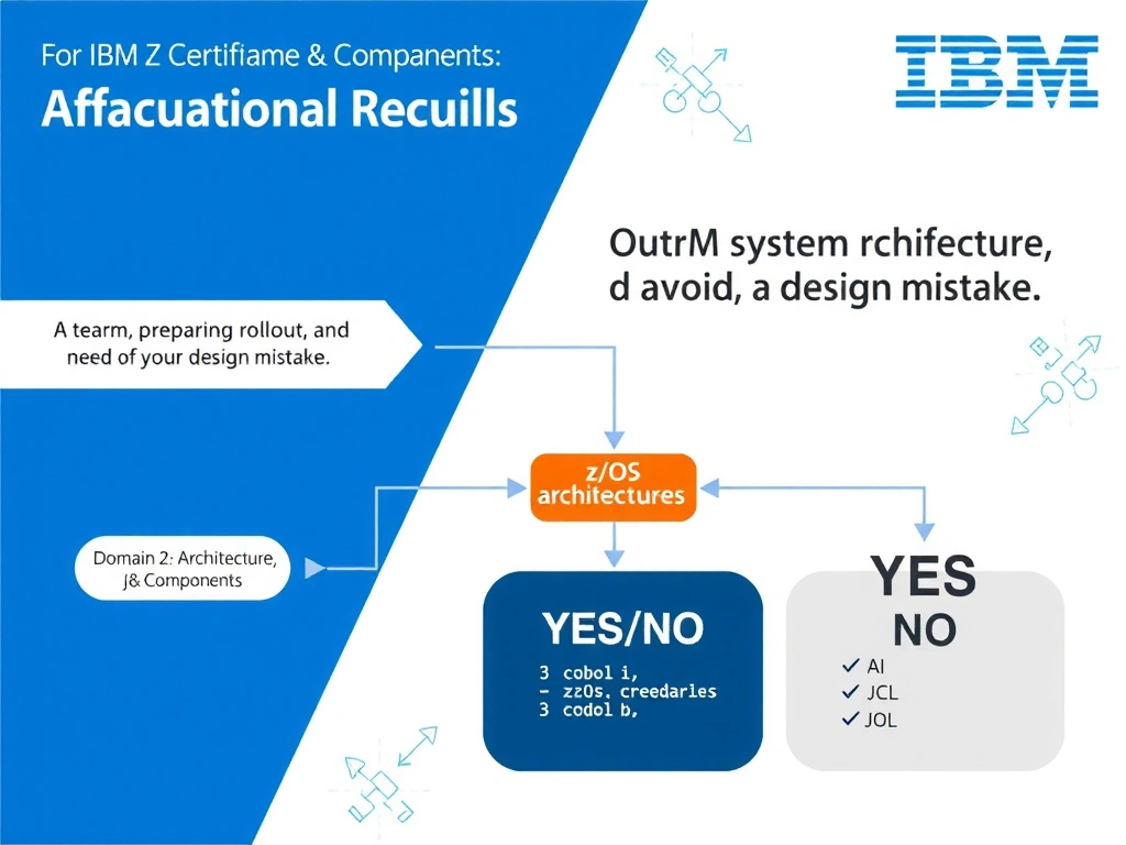 Clean educational infographic for IBM mainframe certification. Topic: A team is preparing a production rollout and needs to avoid a design mistake. For IBM Certified wats. Domain: Domain 2: Architecture & Components. Show IBM Z system architecture diagram with labeled components, z/OS flow arrows, COBOL or JCL code snippet in a highlighted box, and a clear YES/NO comparison panel. Professional blue, white, and gray color scheme with bold IBM-style typography.