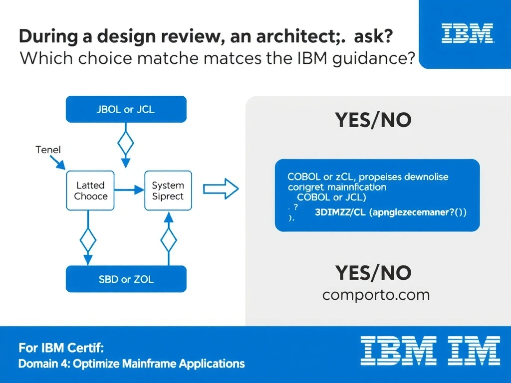 Clean educational infographic for IBM mainframe certification. Topic: During a design review, an architect asks which choice best matches the IBM guidance. For IBM Certif. Domain: Domain 4: Optimize Mainframe Applications. Show IBM Z system architecture diagram with labeled components, z/OS flow arrows, COBOL or JCL code snippet in a highlighted box, and a clear YES/NO comparison panel. Professional blue, white, and gray color scheme with bold IBM-style typography.