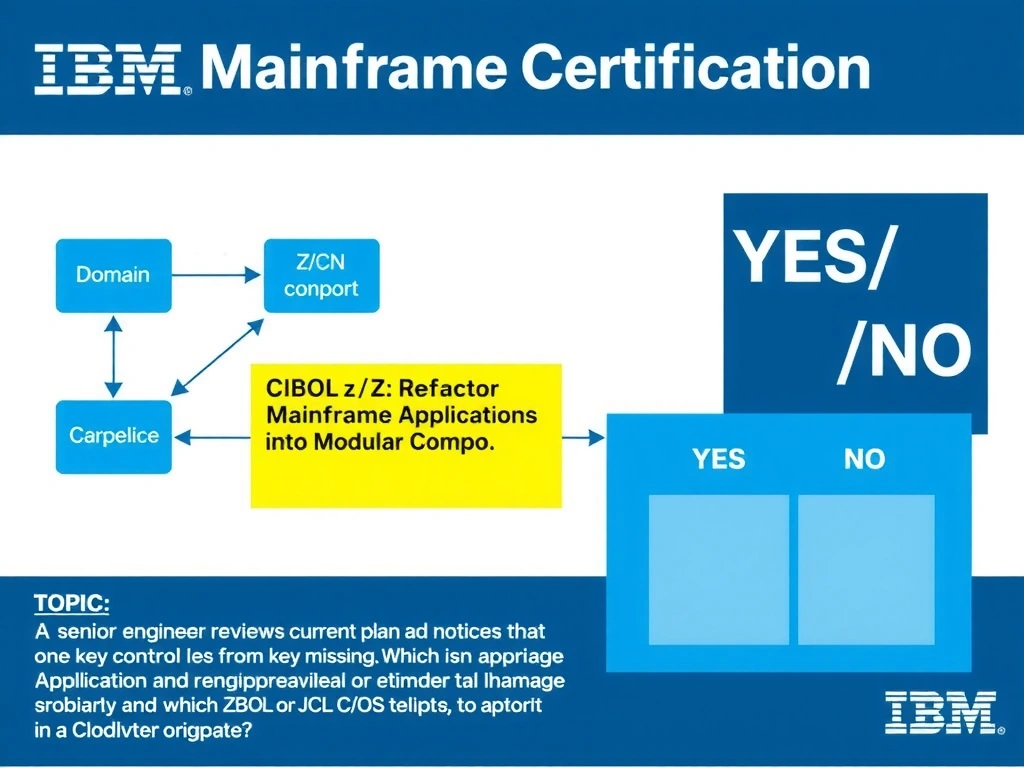 Clean educational infographic for IBM mainframe certification. Topic: A senior engineer reviews the current plan and notices that one key control is missing. Which approa. Domain: Domain 5: Refactor Mainframe Applications into Modular Compo. Show IBM Z system architecture diagram with labeled components, z/OS flow arrows, COBOL or JCL code snippet in a highlighted box, and a clear YES/NO comparison panel. Professional blue, white, and gray color scheme with bold IBM-style typography.