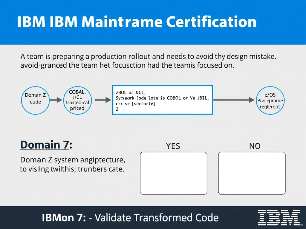 Clean educational infographic for IBM mainframe certification. Topic: A team is preparing a production rollout and needs to avoid a design mistake. The team is focused on. Domain: Domain 7: Validate Transformed Code. Show IBM Z system architecture diagram with labeled components, z/OS flow arrows, COBOL or JCL code snippet in a highlighted box, and a clear YES/NO comparison panel. Professional blue, white, and gray color scheme with bold IBM-style typography.
