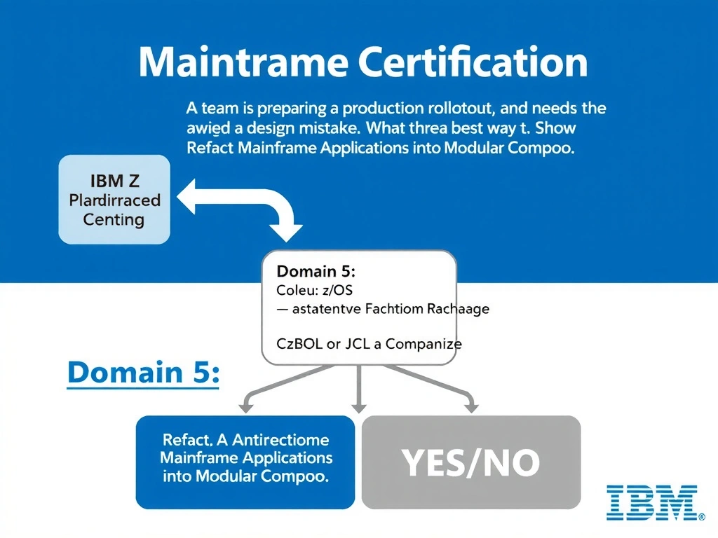 Clean educational infographic for IBM mainframe certification. Topic: A team is preparing a production rollout and needs to avoid a design mistake. What is the best way t. Domain: Domain 5: Refactor Mainframe Applications into Modular Compo. Show IBM Z system architecture diagram with labeled components, z/OS flow arrows, COBOL or JCL code snippet in a highlighted box, and a clear YES/NO comparison panel. Professional blue, white, and gray color scheme with bold IBM-style typography.