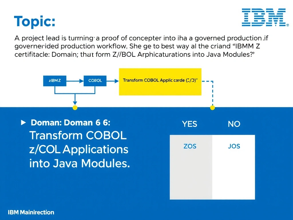 Clean educational infographic for IBM mainframe certification. Topic: A project lead is turning a proof of concept into a governed production workflow. What is the best way to handle code re. Domain: Domain 6: Transform COBOL Applications into Java Modules. Show IBM Z system architecture diagram with labeled components, z/OS flow arrows, COBOL or JCL code snippet in a highlighted box, and a clear YES/NO comparison panel. Professional blue, white, and gray color scheme with bold IBM-style typography.