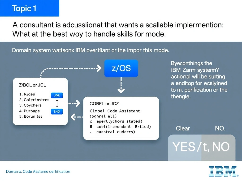 Clean educational infographic for IBM mainframe certification. Topic: A consultant is advising a customer that wants a scalable implementation. What is the best way to handle skills for mode. Domain: Domain 1: watsonx Code Assistant for Z Overview. Show IBM Z system architecture diagram with labeled components, z/OS flow arrows, COBOL or JCL code snippet in a highlighted box, and a clear YES/NO comparison panel. Professional blue, white, and gray color scheme with bold IBM-style typography.