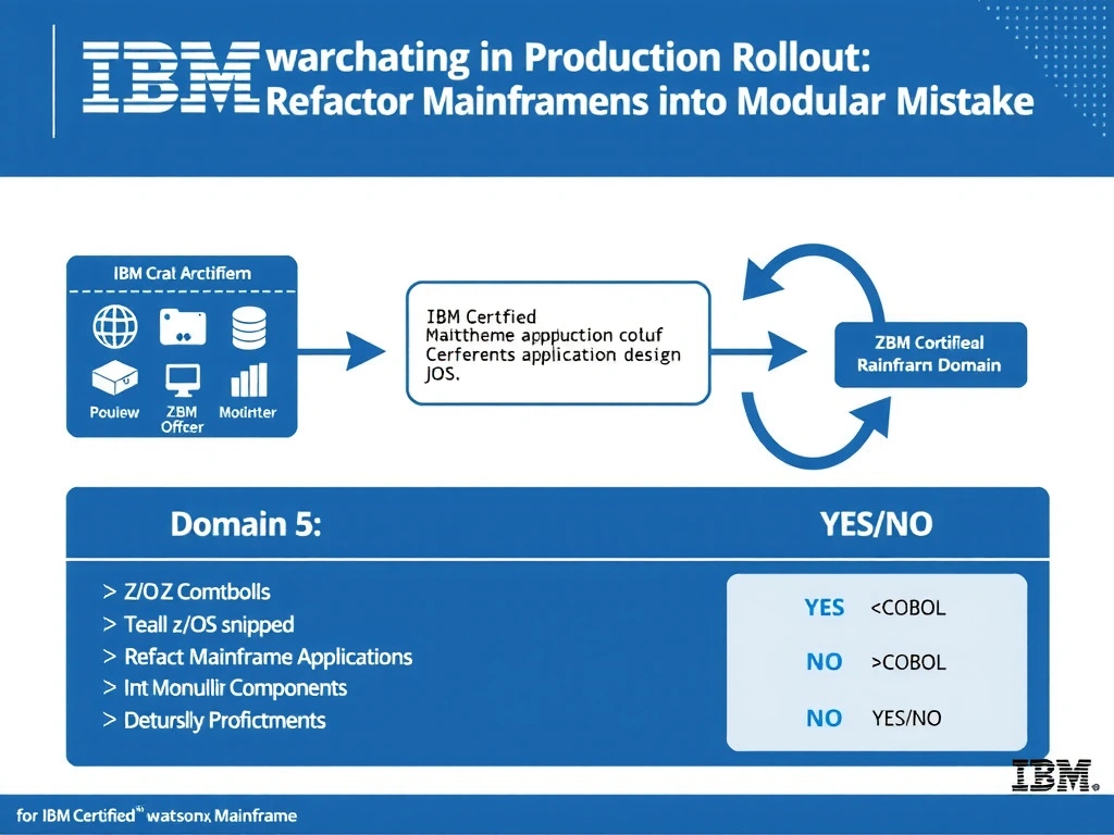 Clean educational infographic for IBM mainframe certification. Topic: A team is preparing a production rollout and needs to avoid a design mistake. For IBM Certified watsonx Mainframe Modern. Domain: Domain 5: Refactor Mainframe Applications into Modular Components. Show IBM Z system architecture diagram with labeled components, z/OS flow arrows, COBOL or JCL code snippet in a highlighted box, and a clear YES/NO comparison panel. Professional blue, white, and gray color scheme with bold IBM-style typography.