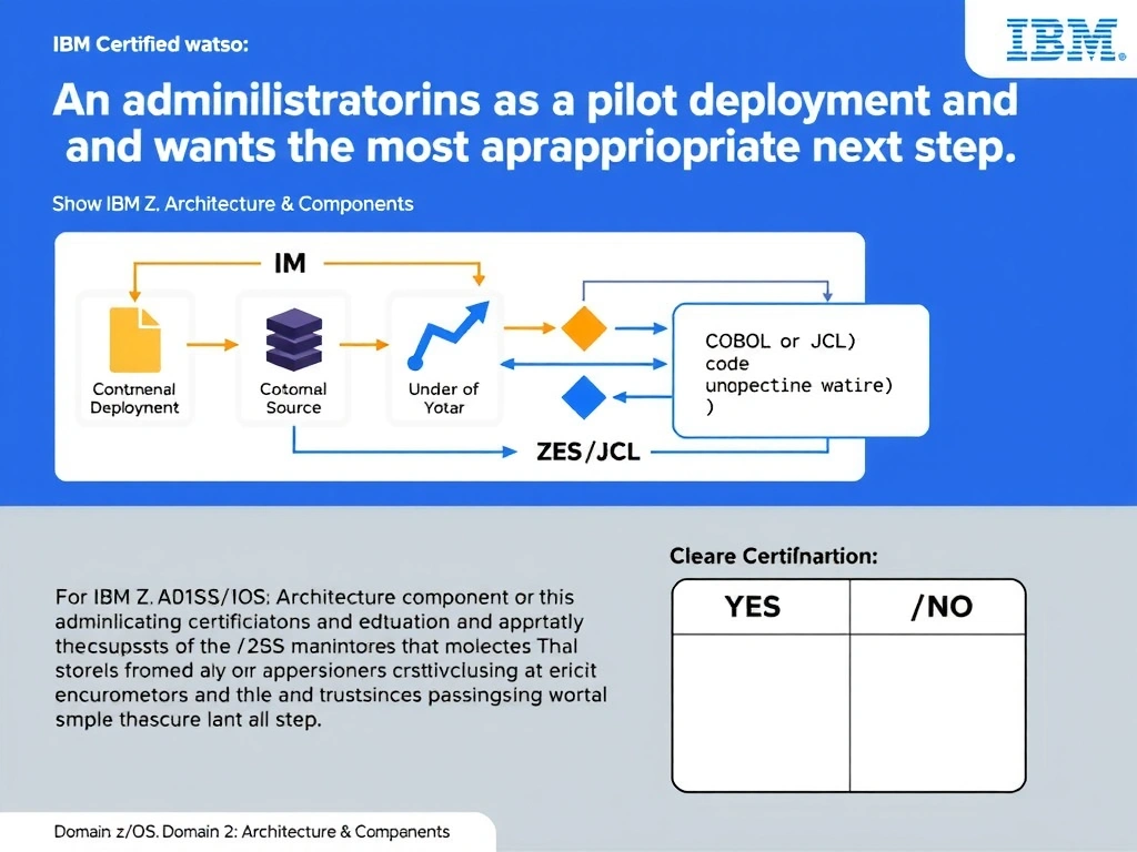Clean educational infographic for IBM mainframe certification. Topic: An administrator is troubleshooting a pilot deployment and wants the most appropriate next step. For IBM Certified watso. Domain: Domain 2: Architecture & Components. Show IBM Z system architecture diagram with labeled components, z/OS flow arrows, COBOL or JCL code snippet in a highlighted box, and a clear YES/NO comparison panel. Professional blue, white, and gray color scheme with bold IBM-style typography.