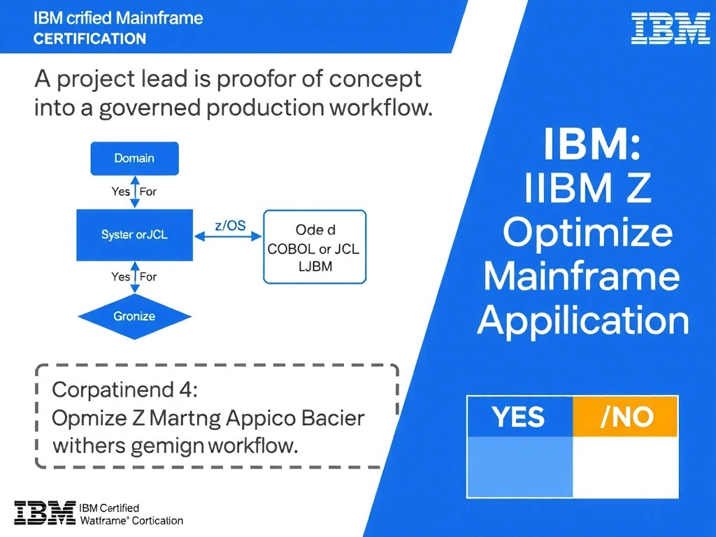 Clean educational infographic for IBM mainframe certification. Topic: A project lead is turning a proof of concept into a governed production workflow. For IBM Certified watsonx Mainframe Mo. Domain: Domain 4: Optimize Mainframe Applications. Show IBM Z system architecture diagram with labeled components, z/OS flow arrows, COBOL or JCL code snippet in a highlighted box, and a clear YES/NO comparison panel. Professional blue, white, and gray color scheme with bold IBM-style typography.