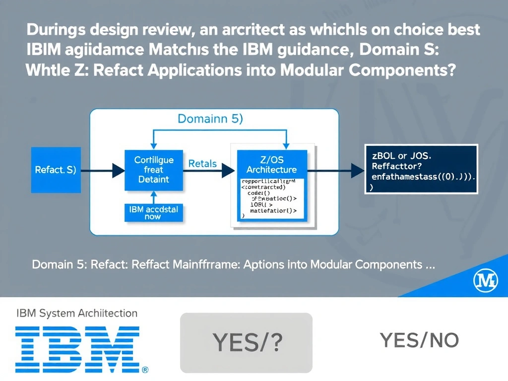 Clean educational infographic for IBM mainframe certification. Topic: During a design review, an architect asks which choice best matches the IBM guidance. Which approach best demonstrates S. Domain: Domain 5: Refactor Mainframe Applications into Modular Components. Show IBM Z system architecture diagram with labeled components, z/OS flow arrows, COBOL or JCL code snippet in a highlighted box, and a clear YES/NO comparison panel. Professional blue, white, and gray color scheme with bold IBM-style typography.