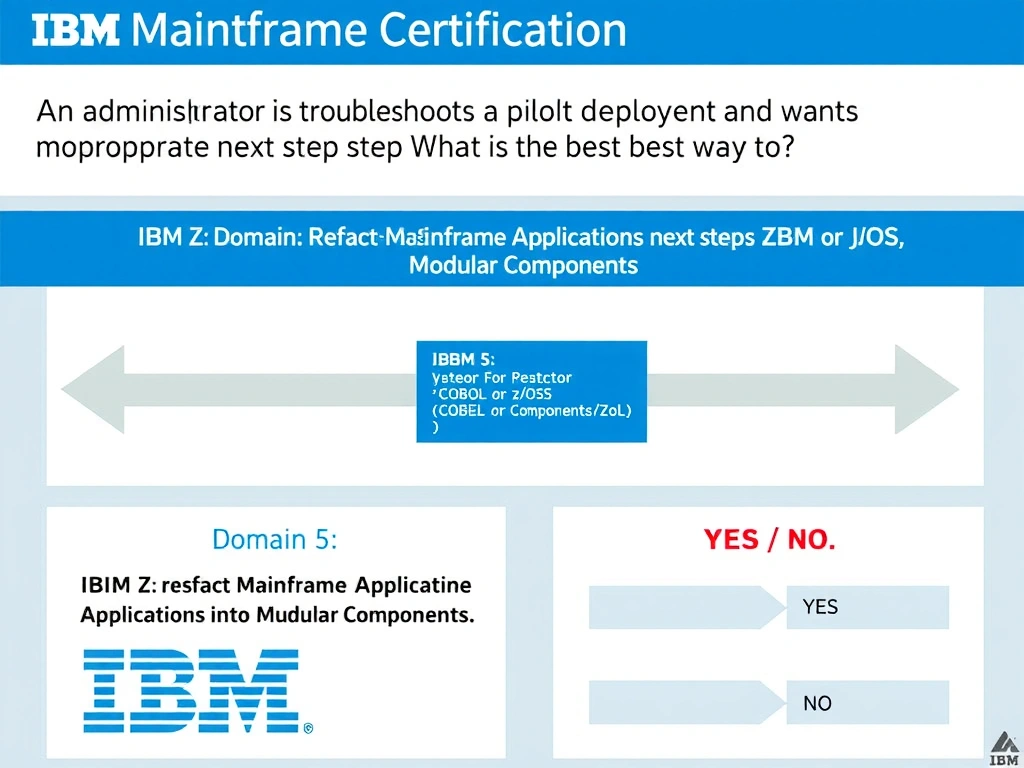 Clean educational infographic for IBM mainframe certification. Topic: An administrator is troubleshooting a pilot deployment and wants the most appropriate next step. What is the best way to. Domain: Domain 5: Refactor Mainframe Applications into Modular Components. Show IBM Z system architecture diagram with labeled components, z/OS flow arrows, COBOL or JCL code snippet in a highlighted box, and a clear YES/NO comparison panel. Professional blue, white, and gray color scheme with bold IBM-style typography.