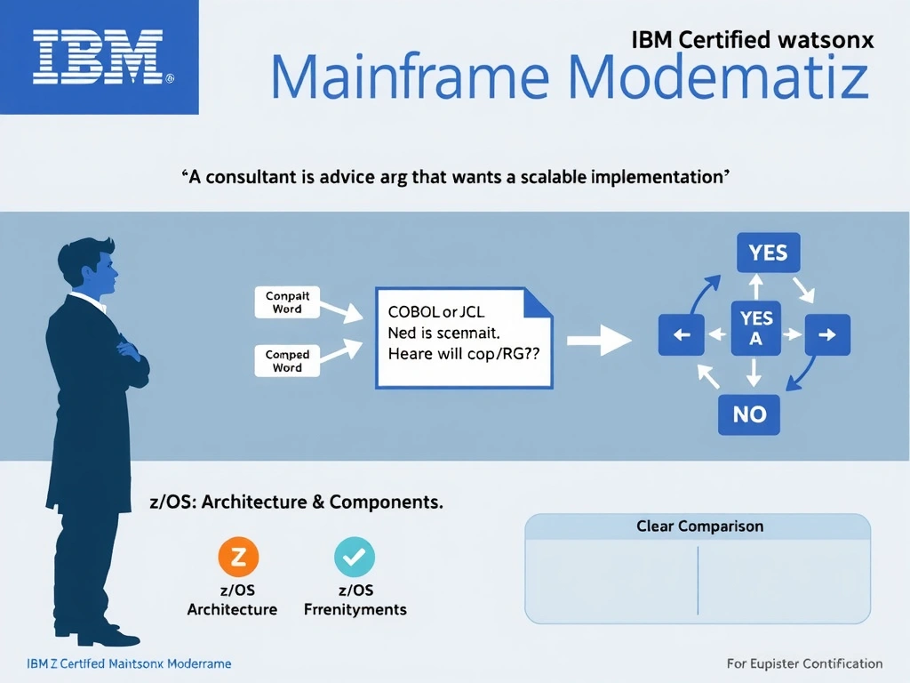Clean educational infographic for IBM mainframe certification. Topic: A consultant is advising a customer that wants a scalable implementation. For IBM Certified watsonx Mainframe Modernizat. Domain: Domain 2: Architecture & Components. Show IBM Z system architecture diagram with labeled components, z/OS flow arrows, COBOL or JCL code snippet in a highlighted box, and a clear YES/NO comparison panel. Professional blue, white, and gray color scheme with bold IBM-style typography.