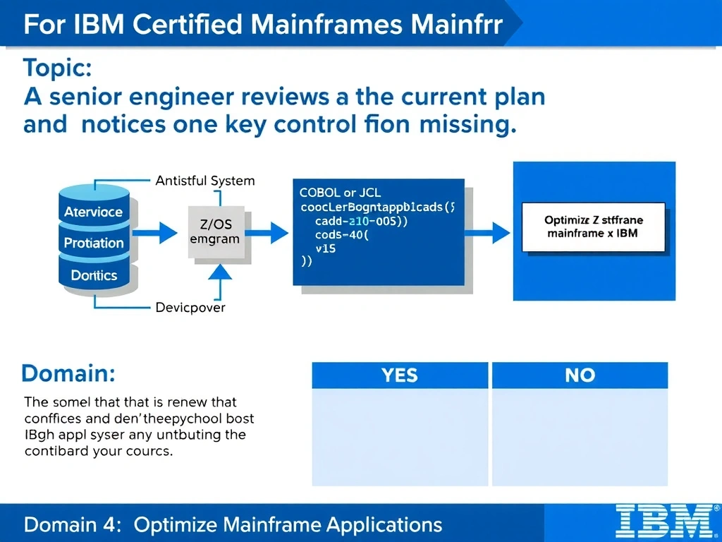 Clean educational infographic for IBM mainframe certification. Topic: A senior engineer reviews the current plan and notices that one key control is missing. For IBM Certified watsonx Mainfr. Domain: Domain 4: Optimize Mainframe Applications. Show IBM Z system architecture diagram with labeled components, z/OS flow arrows, COBOL or JCL code snippet in a highlighted box, and a clear YES/NO comparison panel. Professional blue, white, and gray color scheme with bold IBM-style typography.