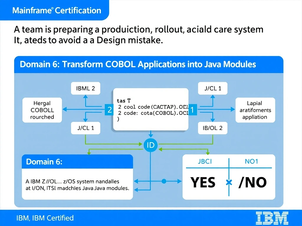 Clean educational infographic for IBM mainframe certification. Topic: A team is preparing a production rollout and needs to avoid a design mistake. For IBM Certified watsonx Mainframe Modern. Domain: Domain 6: Transform COBOL Applications into Java Modules. Show IBM Z system architecture diagram with labeled components, z/OS flow arrows, COBOL or JCL code snippet in a highlighted box, and a clear YES/NO comparison panel. Professional blue, white, and gray color scheme with bold IBM-style typography.