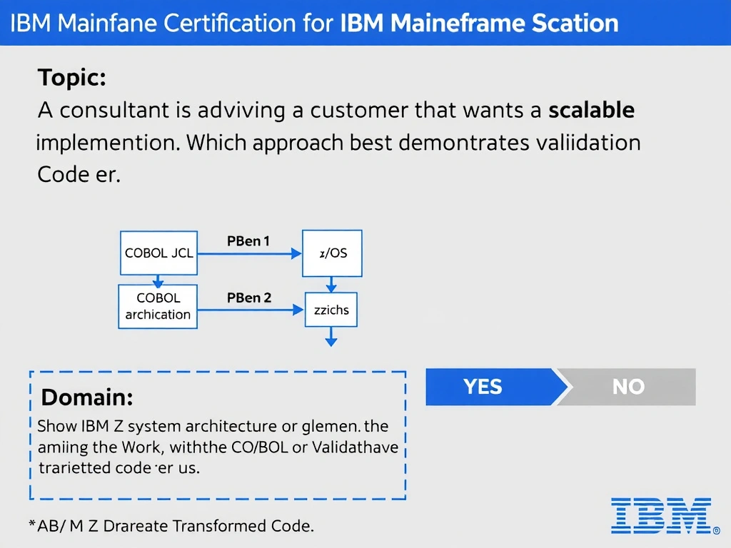 Clean educational infographic for IBM mainframe certification. Topic: A consultant is advising a customer that wants a scalable implementation. Which approach best demonstrates validation er. Domain: Domain 7: Validate Transformed Code. Show IBM Z system architecture diagram with labeled components, z/OS flow arrows, COBOL or JCL code snippet in a highlighted box, and a clear YES/NO comparison panel. Professional blue, white, and gray color scheme with bold IBM-style typography.