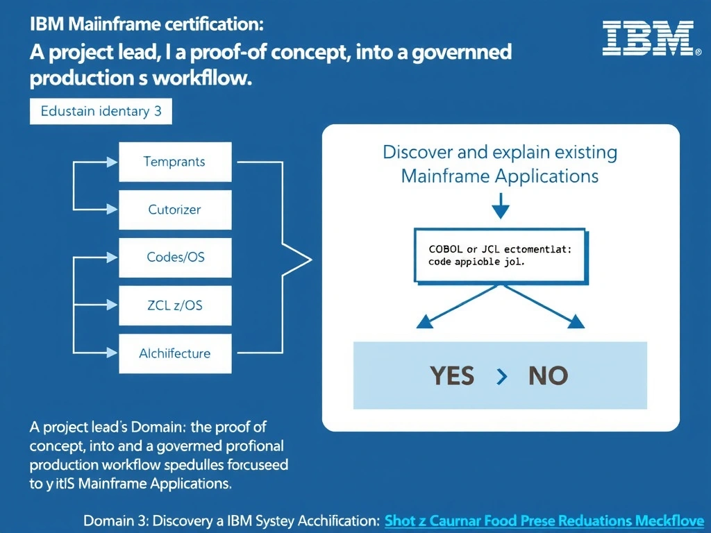 Clean educational infographic for IBM mainframe certification. Topic: A project lead is turning a proof of concept into a governed production workflow. The team is focused on module identifi. Domain: Domain 3: Discover and Explain Existing Mainframe Applications. Show IBM Z system architecture diagram with labeled components, z/OS flow arrows, COBOL or JCL code snippet in a highlighted box, and a clear YES/NO comparison panel. Professional blue, white, and gray color scheme with bold IBM-style typography.