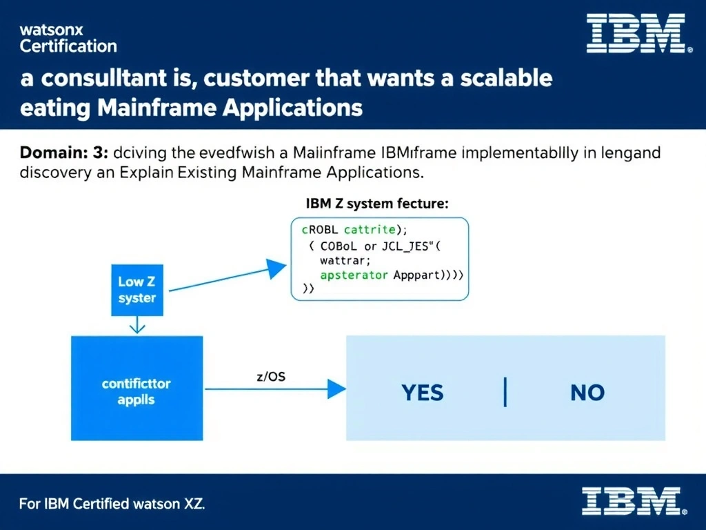 Clean educational infographic for IBM mainframe certification. Topic: A consultant is advising a customer that wants a scalable implementation. For IBM Certified watsonx Mainframe Modernizat. Domain: Domain 3: Discover and Explain Existing Mainframe Applications. Show IBM Z system architecture diagram with labeled components, z/OS flow arrows, COBOL or JCL code snippet in a highlighted box, and a clear YES/NO comparison panel. Professional blue, white, and gray color scheme with bold IBM-style typography.