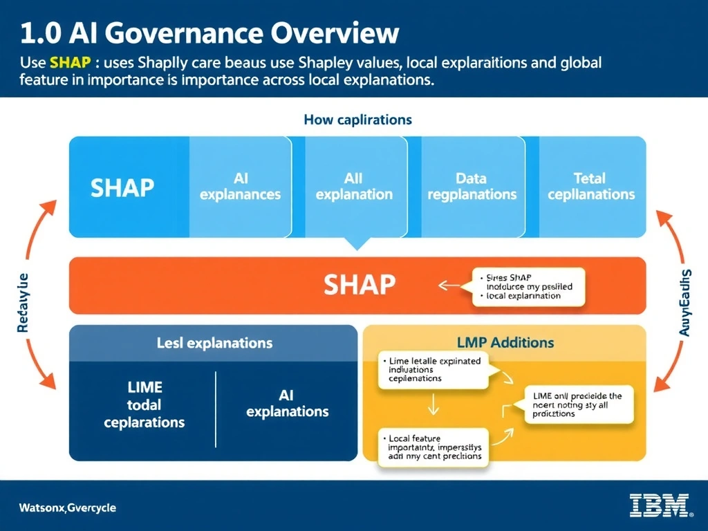 Educational infographic for IBM watsonx.governance: visualize the concept of 'Use SHAP for both requirements because SHAP uses Shapley values to produce both local explanations for individual predictions and global feature importance across all predictions; LIME only provides local explanations' within the '1.0 AI Governance Overview' domain. Use a clean flowchart or layered diagram showing how this capability fits into an AI governance lifecycle — include labeled boxes for key steps, arrows showing data flow, and IBM blue/navy color palette. Add concise callout labels highlighting why this answer is correct.