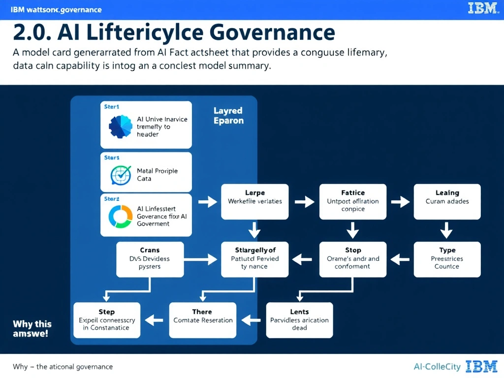 Educational infographic for IBM watsonx.governance: visualize the concept of 'A model card generated from AI Factsheet data that provides a concise model summary' within the '2.0 AI Lifecycle Governance' domain. Use a clean flowchart or layered diagram showing how this capability fits into an AI governance lifecycle — include labeled boxes for key steps, arrows showing data flow, and IBM blue/navy color palette. Add concise callout labels highlighting why this answer is correct.