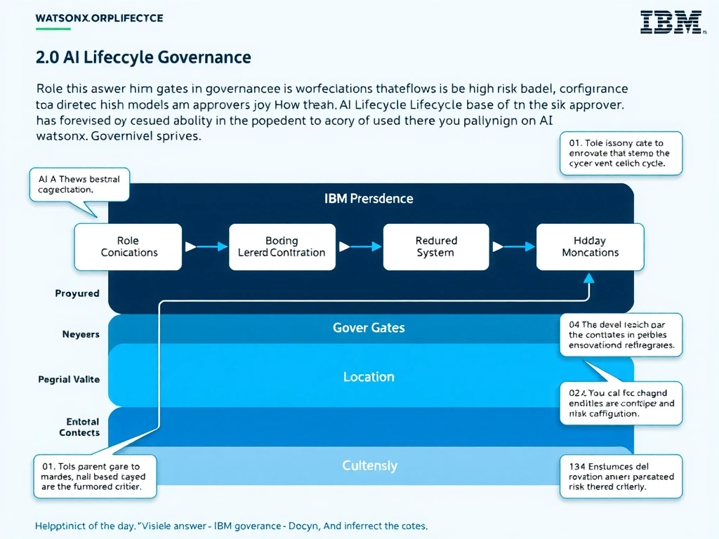 Educational infographic for IBM watsonx.governance: visualize the concept of 'Role-based approval gates in governance workflows that direct high-risk models to designated approvers based on configured risk threshold criteria' within the '2.0 AI Lifecycle Governance' domain. Use a clean flowchart or layered diagram showing how this capability fits into an AI governance lifecycle — include labeled boxes for key steps, arrows showing data flow, and IBM blue/navy color palette. Add concise callout labels highlighting why this answer is correct.