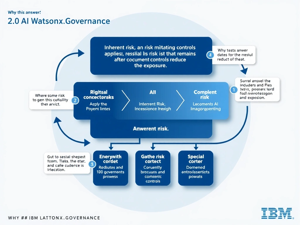 Educational infographic for IBM watsonx.governance: visualize the concept of 'Inherent risk is the risk before mitigating controls are applied; residual risk is the risk that remains after documented controls reduce the exposure' within the '2.0 AI Lifecycle Governance' domain. Use a clean flowchart or layered diagram showing how this capability fits into an AI governance lifecycle — include labeled boxes for key steps, arrows showing data flow, and IBM blue/navy color palette. Add concise callout labels highlighting why this answer is correct.