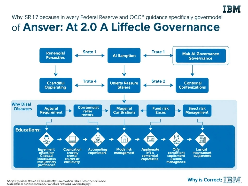 Educational infographic for IBM watsonx.governance: visualize the concept of 'SR 11-7 because it is the primary Federal Reserve and OCC guidance specifically governing model risk management at US financial institutions' within the '2.0 AI Lifecycle Governance' domain. Use a clean flowchart or layered diagram showing how this capability fits into an AI governance lifecycle — include labeled boxes for key steps, arrows showing data flow, and IBM blue/navy color palette. Add concise callout labels highlighting why this answer is correct.