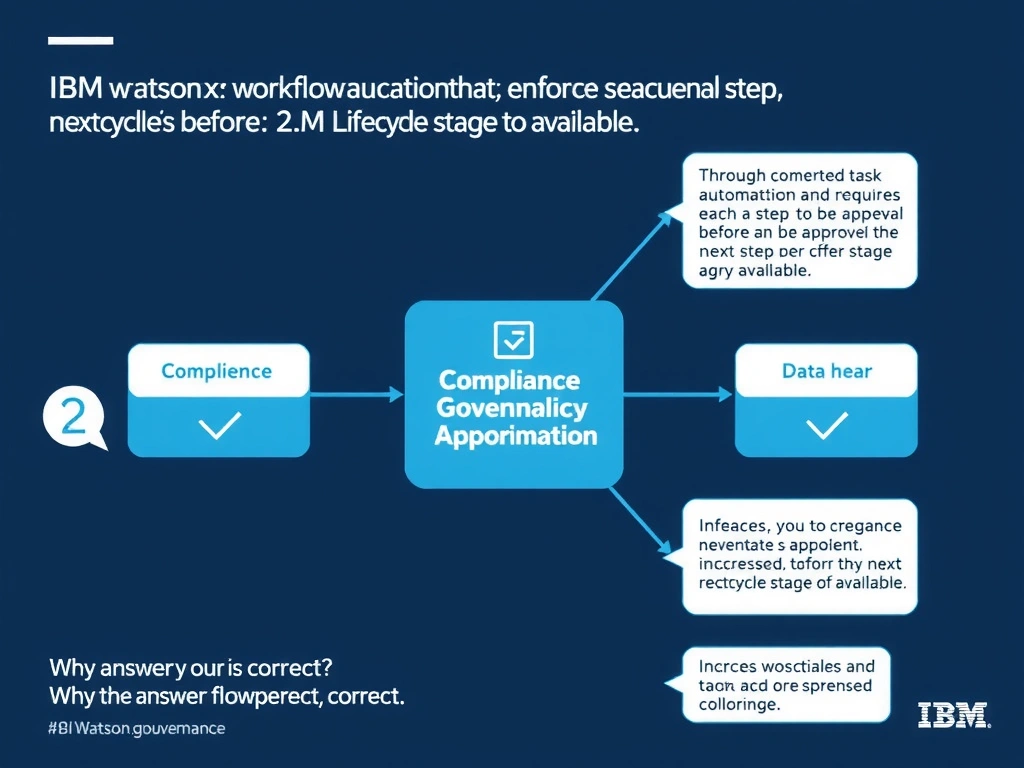 Educational infographic for IBM watsonx.governance: visualize the concept of 'Through compliance workflow automation that enforces sequential task completion and requires each step to be approved before the next step or lifecycle stage becomes available' within the '2.0 AI Lifecycle Governance' domain. Use a clean flowchart or layered diagram showing how this capability fits into an AI governance lifecycle — include labeled boxes for key steps, arrows showing data flow, and IBM blue/navy color palette. Add concise callout labels highlighting why this answer is correct.