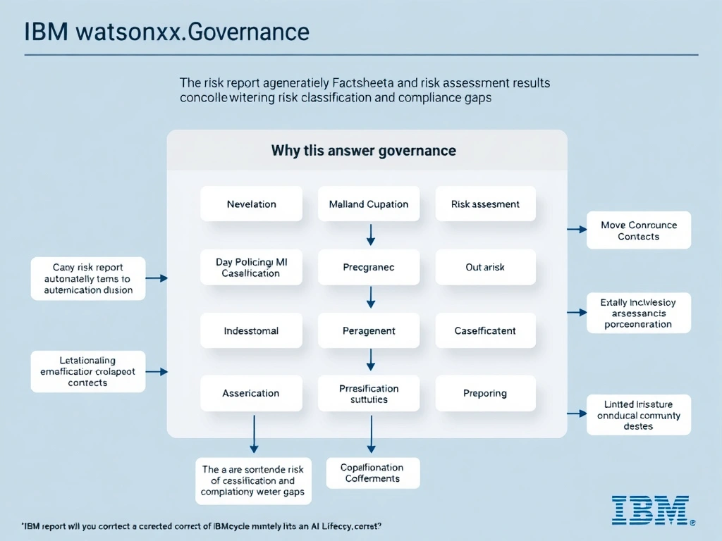 Educational infographic for IBM watsonx.governance: visualize the concept of 'The risk report automatically generated from Factsheet data and risk assessment results consolidating risk classification and compliance gaps' within the '2.0 AI Lifecycle Governance' domain. Use a clean flowchart or layered diagram showing how this capability fits into an AI governance lifecycle — include labeled boxes for key steps, arrows showing data flow, and IBM blue/navy color palette. Add concise callout labels highlighting why this answer is correct.