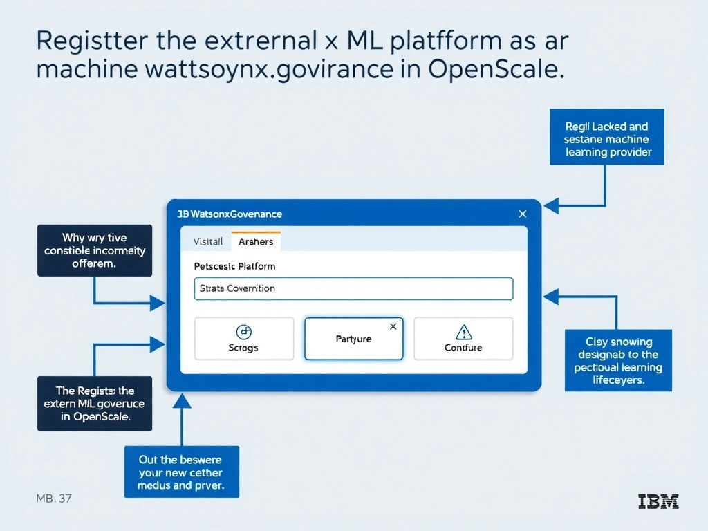 Educational infographic for IBM watsonx.governance: visualize the concept of 'Register the external ML platform as a machine learning provider in OpenScale.' within the '3.0 Configure watsonx.governance' domain. Use a clean flowchart or layered diagram showing how this capability fits into an AI governance lifecycle — include labeled boxes for key steps, arrows showing data flow, and IBM blue/navy color palette. Add concise callout labels highlighting why this answer is correct.