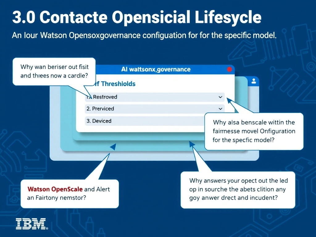 Educational infographic for IBM watsonx.governance: visualize the concept of 'Watson OpenScale → Subscription → Alert Thresholds within the fairness monitor configuration for the specific model' within the '3.0 Configure watsonx.governance' domain. Use a clean flowchart or layered diagram showing how this capability fits into an AI governance lifecycle — include labeled boxes for key steps, arrows showing data flow, and IBM blue/navy color palette. Add concise callout labels highlighting why this answer is correct.