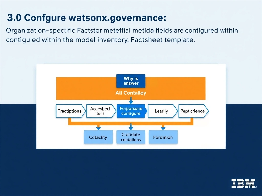 Educational infographic for IBM watsonx.governance: visualize the concept of 'organization-specific Factsheet metadata fields are configured within the model inventory Factsheet template.' within the '3.0 Configure watsonx.governance' domain. Use a clean flowchart or layered diagram showing how this capability fits into an AI governance lifecycle — include labeled boxes for key steps, arrows showing data flow, and IBM blue/navy color palette. Add concise callout labels highlighting why this answer is correct.
