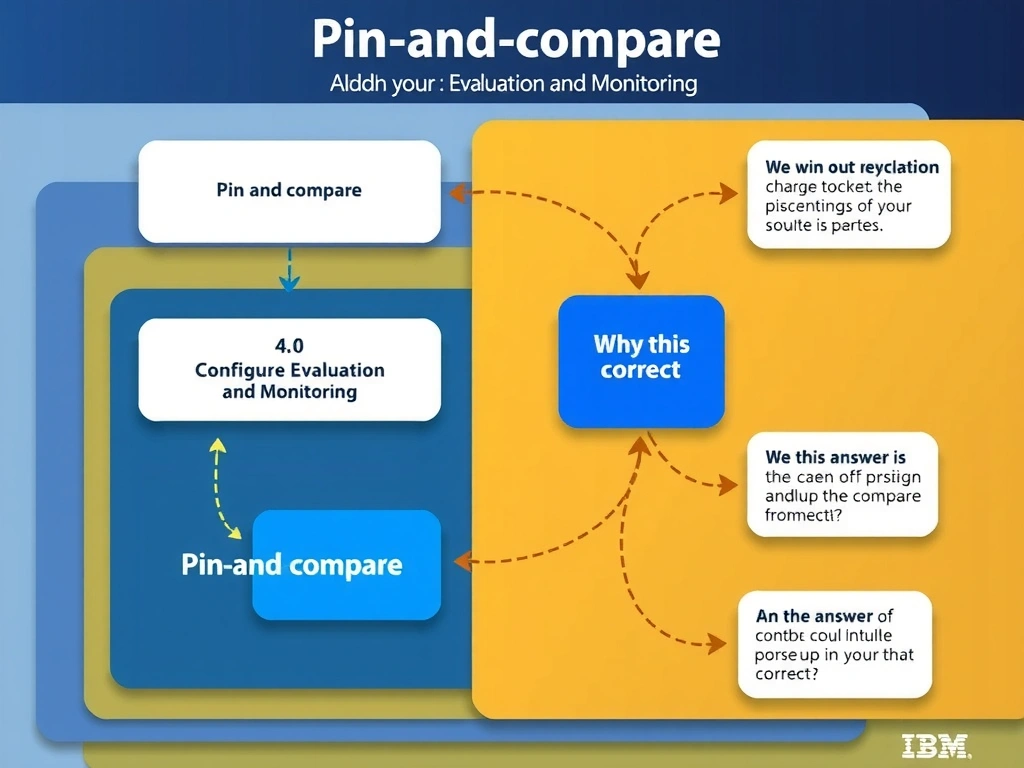 Educational infographic for IBM watsonx.governance: visualize the concept of 'Pin-and-compare' within the '4.0 Configure Evaluation and Monitoring' domain. Use a clean flowchart or layered diagram showing how this capability fits into an AI governance lifecycle — include labeled boxes for key steps, arrows showing data flow, and IBM blue/navy color palette. Add concise callout labels highlighting why this answer is correct.
