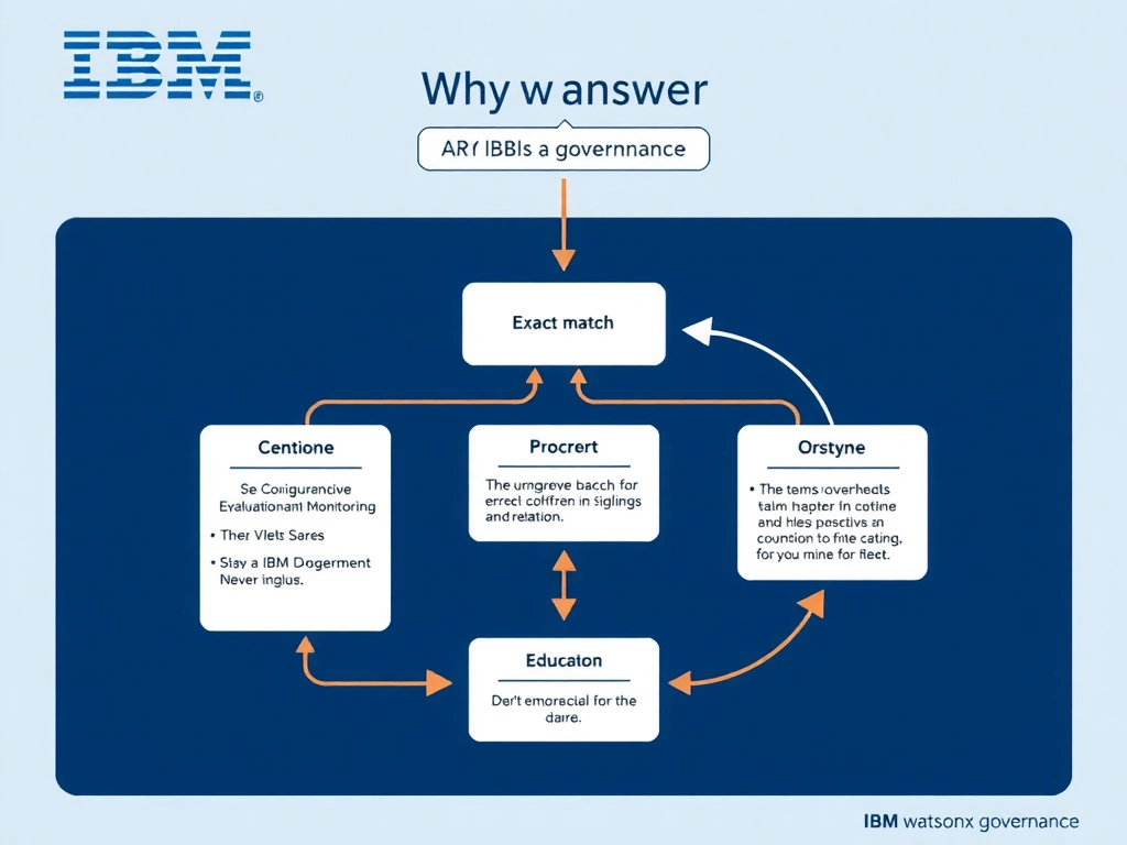 Educational infographic for IBM watsonx.governance: visualize the concept of 'Exact match' within the '4.0 Configure Evaluation and Monitoring' domain. Use a clean flowchart or layered diagram showing how this capability fits into an AI governance lifecycle — include labeled boxes for key steps, arrows showing data flow, and IBM blue/navy color palette. Add concise callout labels highlighting why this answer is correct.